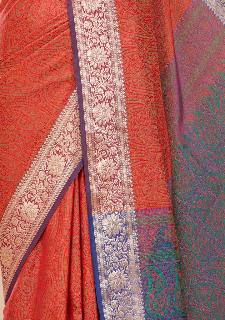 Rust Art Silk Jaal Saree With Matching Blouse Piece