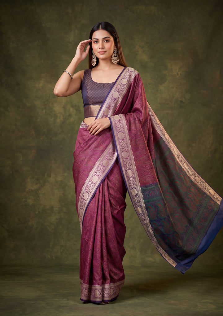Wine Art Silk Jaal Saree With Matching Blouse Piece