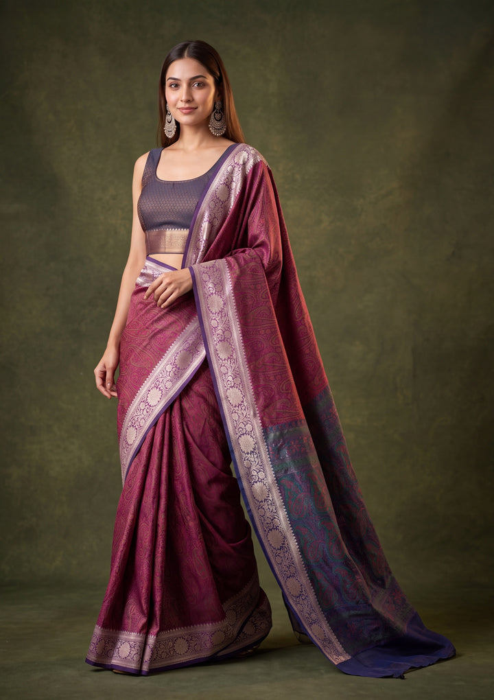 Wine Art Silk Jaal Saree With Matching Blouse Piece
