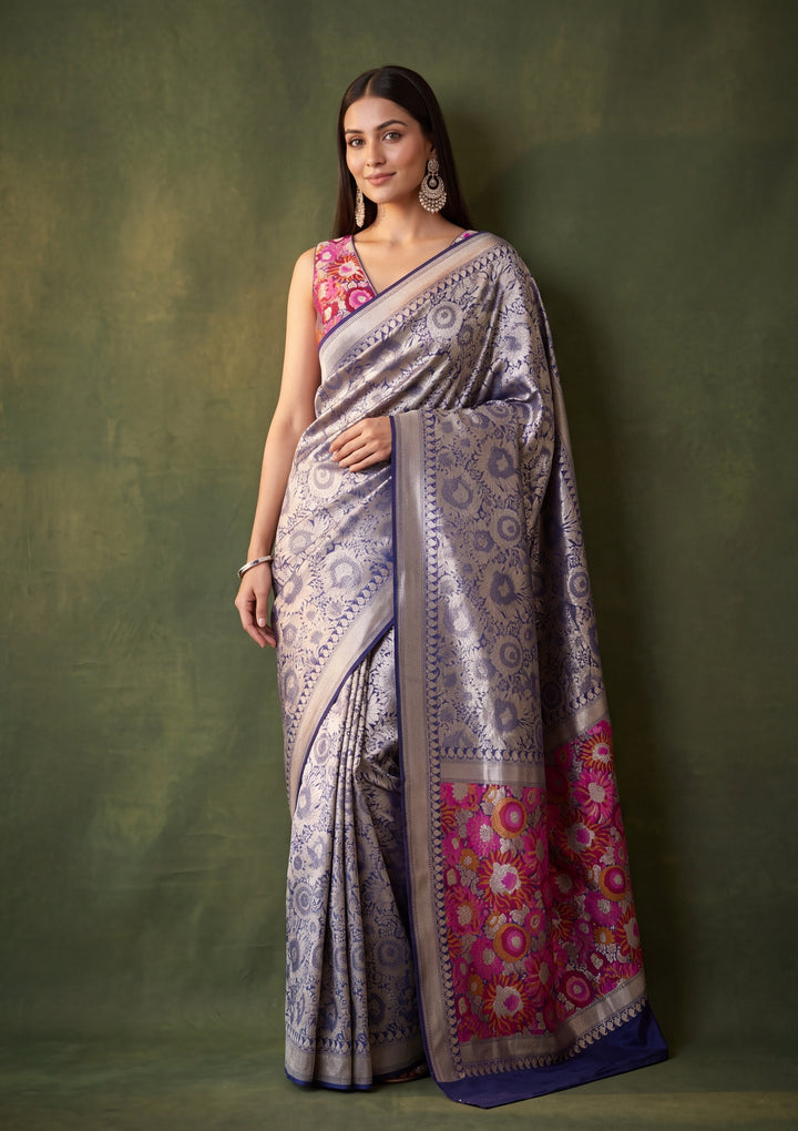Navy Blue Art Silk Jaal Saree With Matching Blouse Piece