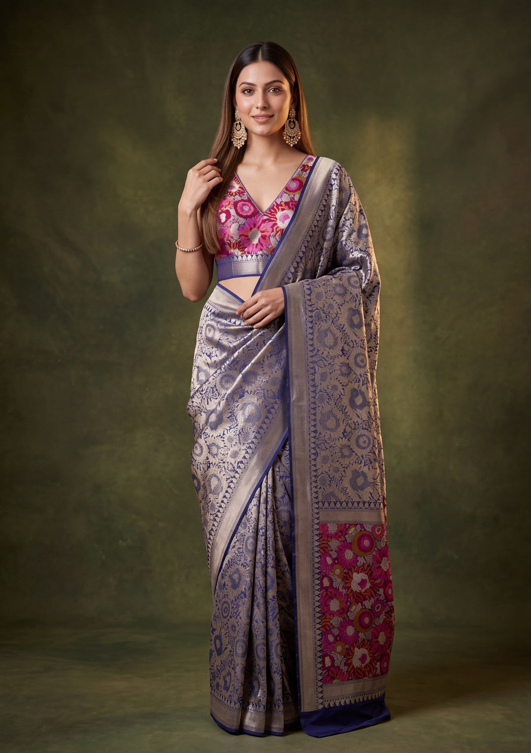 Navy Blue Art Silk Jaal Saree With Matching Blouse Piece