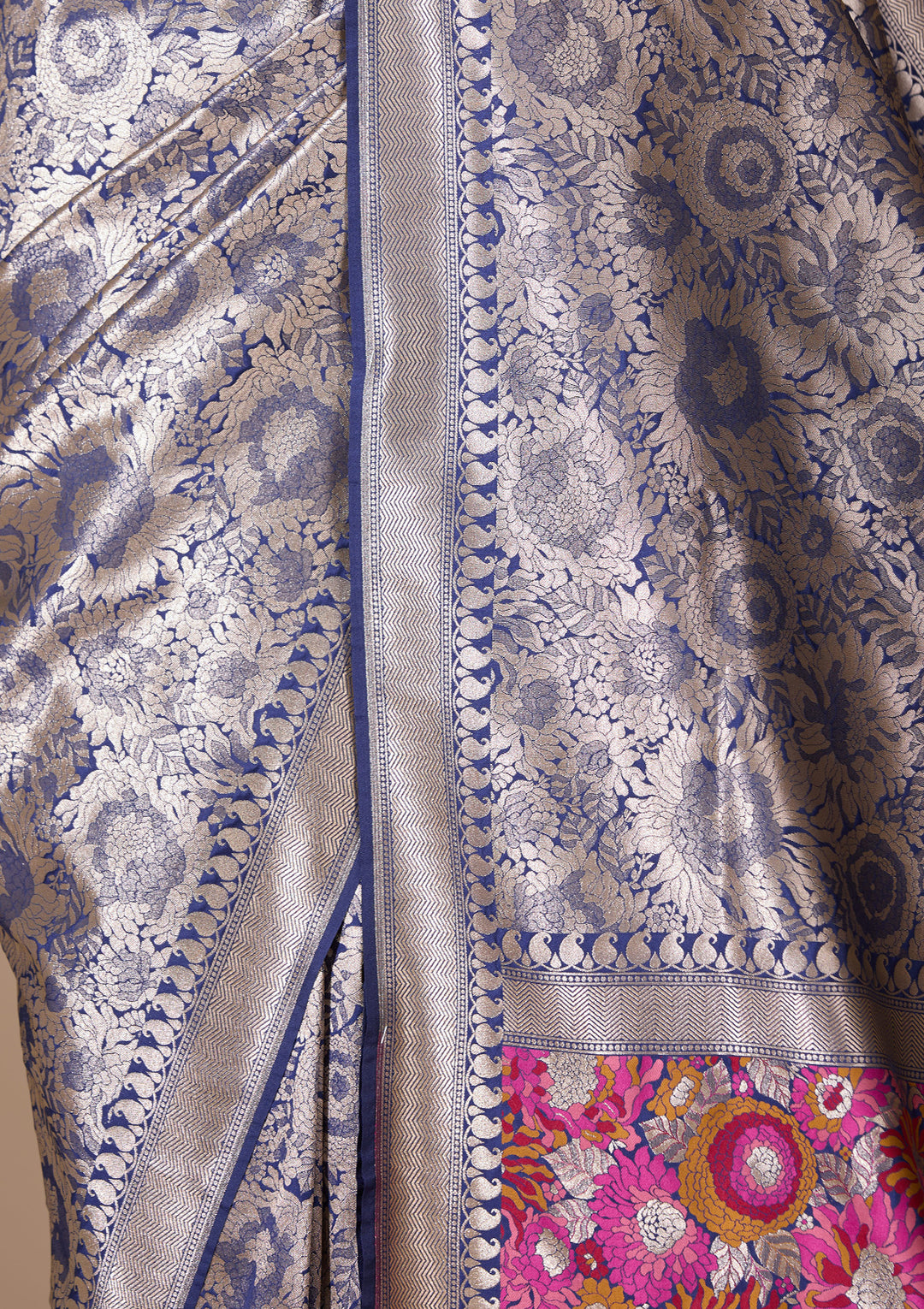 Navy Blue Art Silk Jaal Saree With Matching Blouse Piece