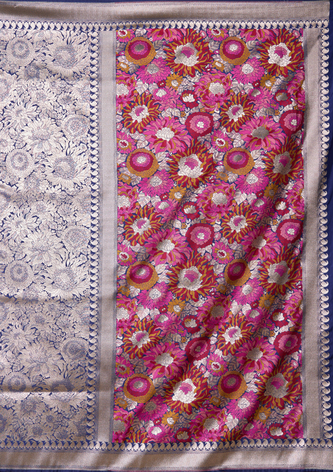 Navy Blue Art Silk Jaal Saree With Matching Blouse Piece