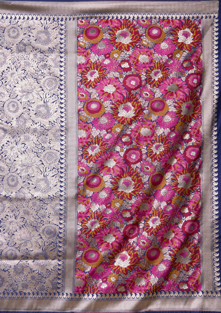 Navy Blue Art Silk Jaal Saree With Matching Blouse Piece