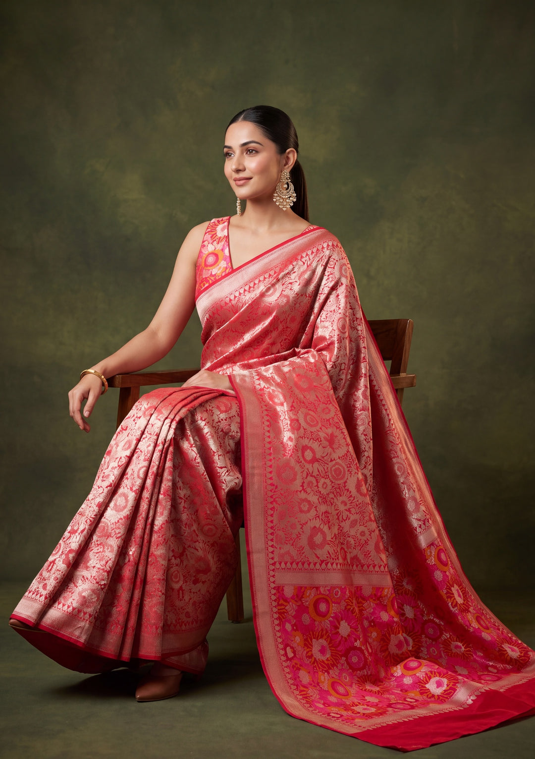 Red Art Silk Jaal Saree With Matching Blouse Piece