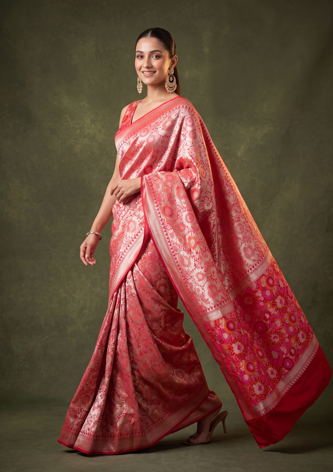 Red Art Silk Jaal Saree With Matching Blouse Piece