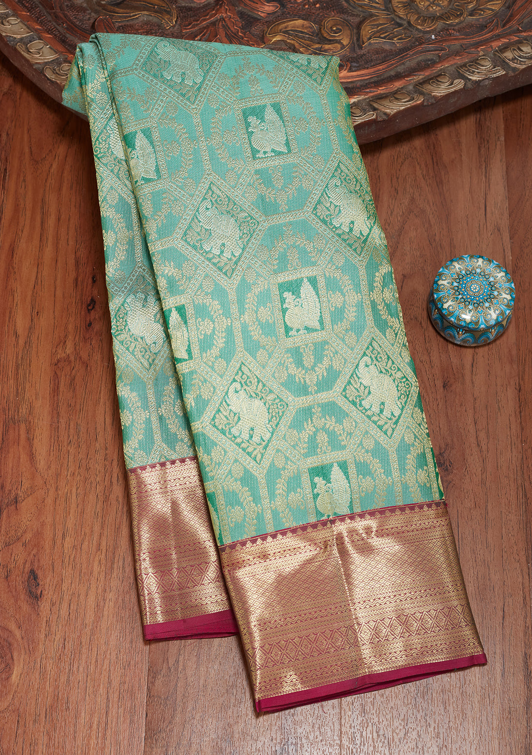Sea Green Pure Silk Jaal Saree With Matching Blouse Piece