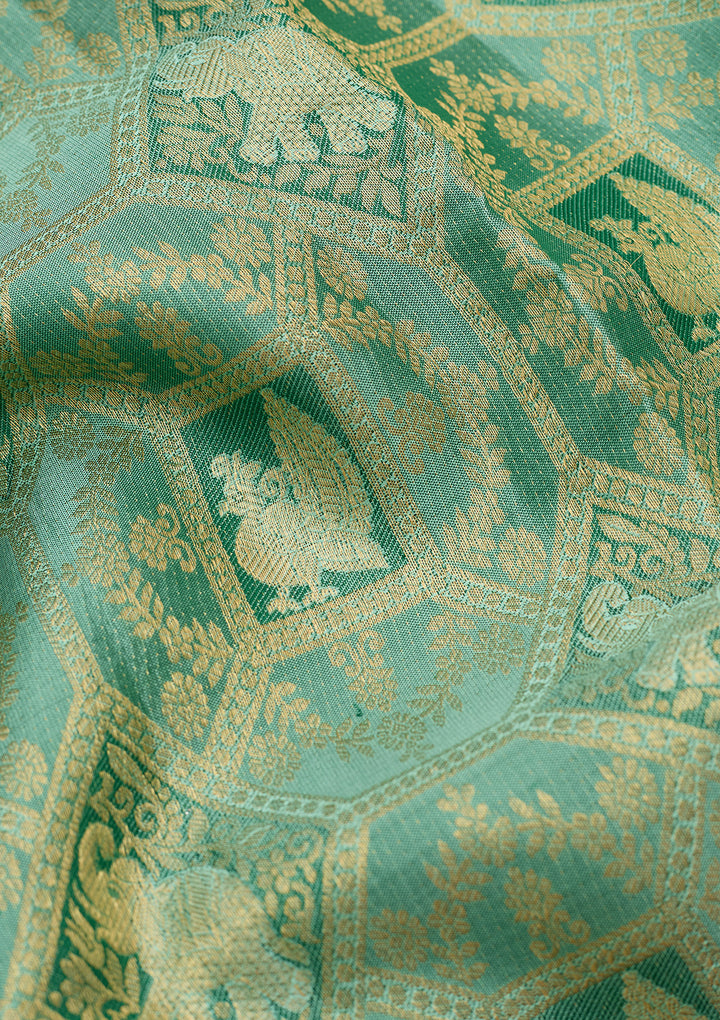 Sea Green Pure Silk Jaal Saree With Matching Blouse Piece