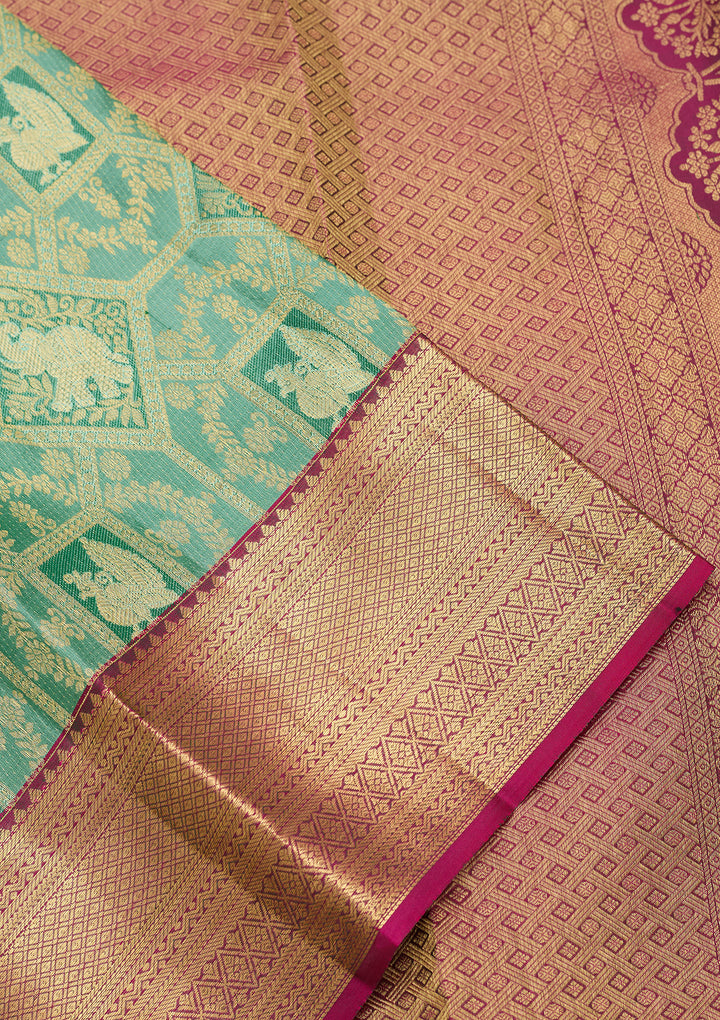 Sea Green Pure Silk Jaal Saree With Matching Blouse Piece