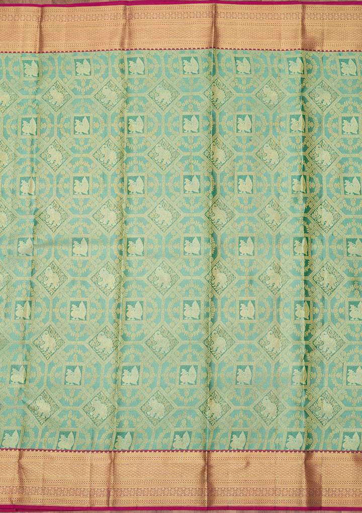 Sea Green Pure Silk Jaal Saree With Matching Blouse Piece