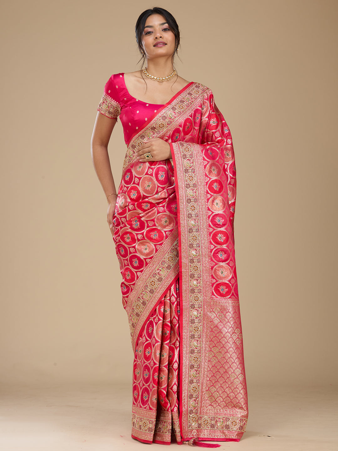 Rani Pink Banarasi Art Silk Saree With Matching Blouse Piece