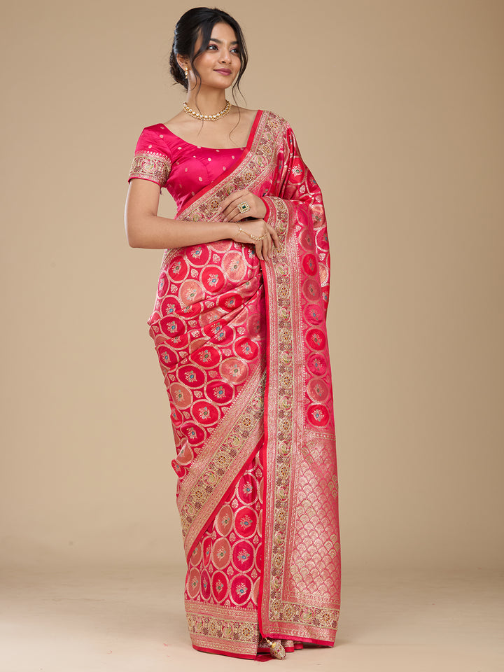 Rani Pink Banarasi Art Silk Saree With Matching Blouse Piece