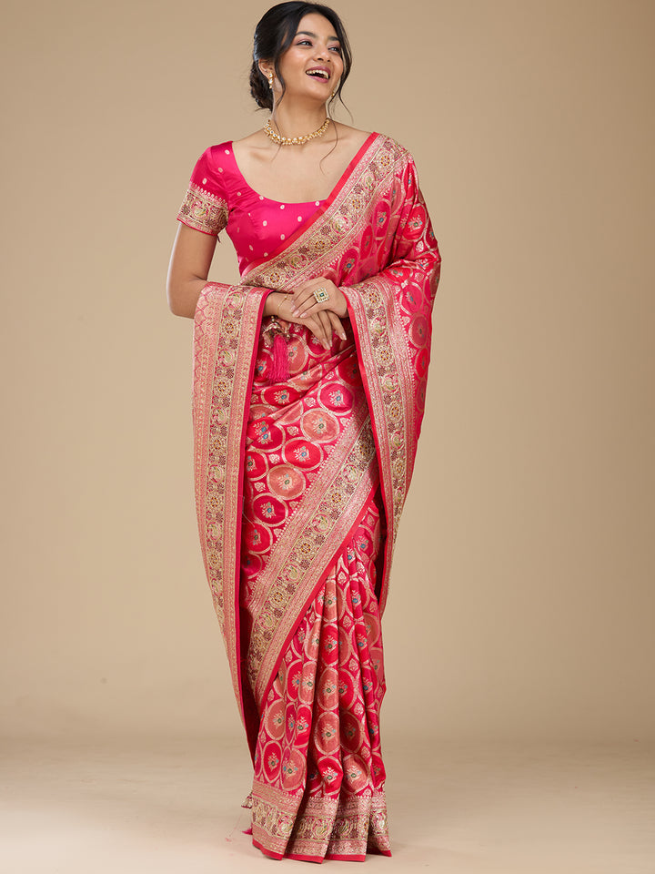 Rani Pink Banarasi Art Silk Saree With Matching Blouse Piece