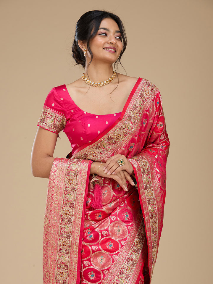 Rani Pink Banarasi Art Silk Saree With Matching Blouse Piece