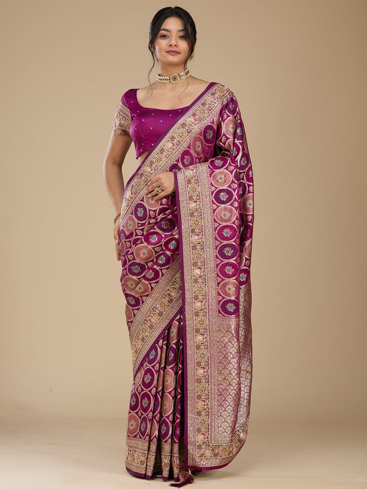 Wine Banarasi Art Silk Saree With Matching Blouse Piece