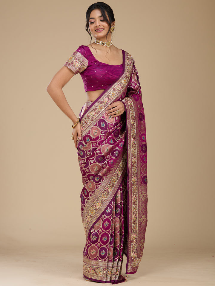 Wine Banarasi Art Silk Saree With Matching Blouse Piece