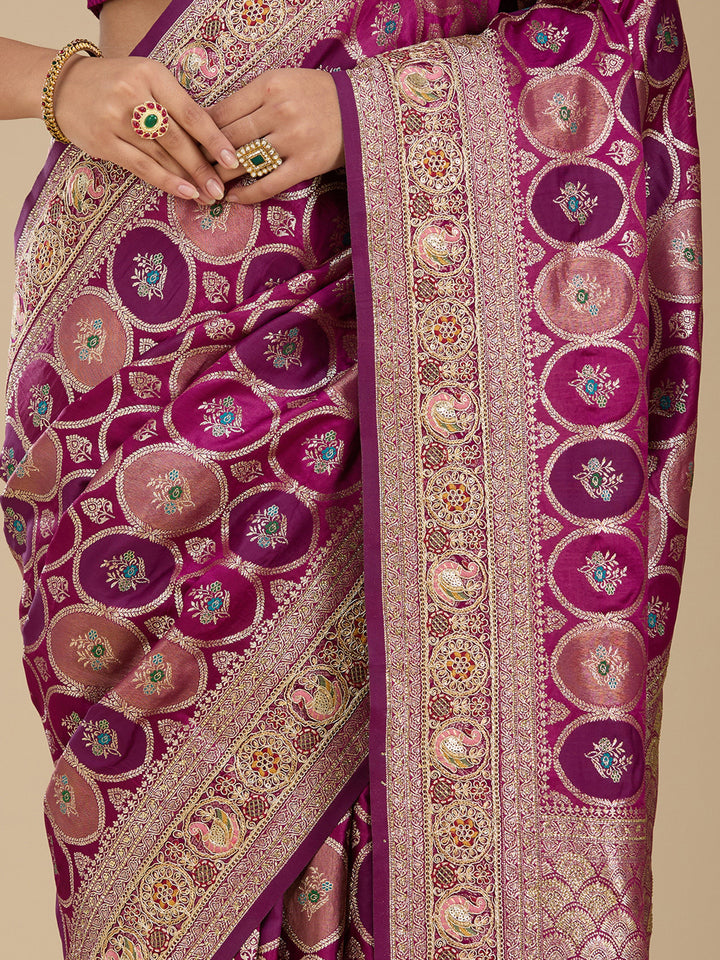 Wine Banarasi Art Silk Saree With Matching Blouse Piece