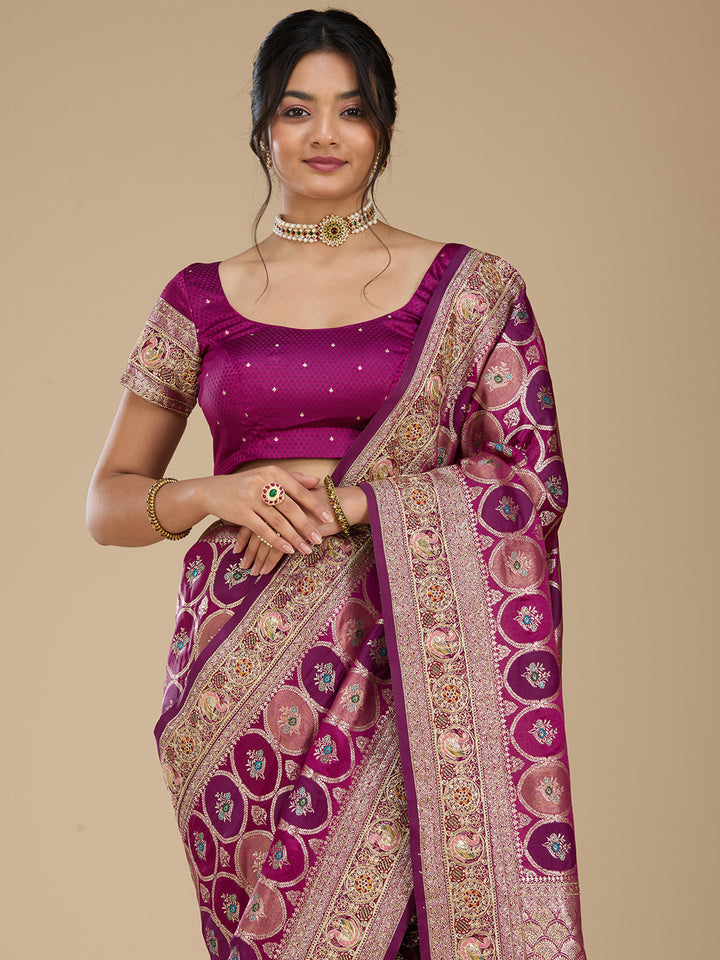 Wine Banarasi Art Silk Saree With Matching Blouse Piece