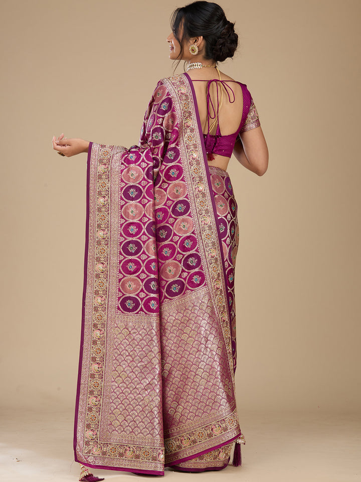 Wine Banarasi Art Silk Saree With Matching Blouse Piece