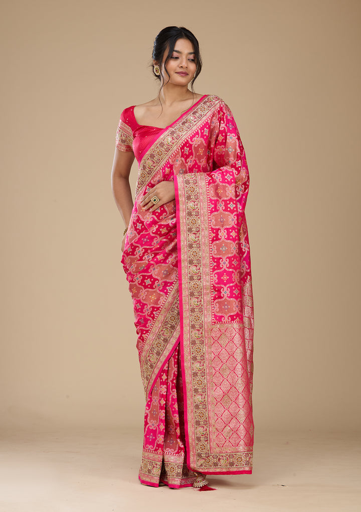 Magenta Pink Banarasi Silk Saree With Matching Blouse Piece