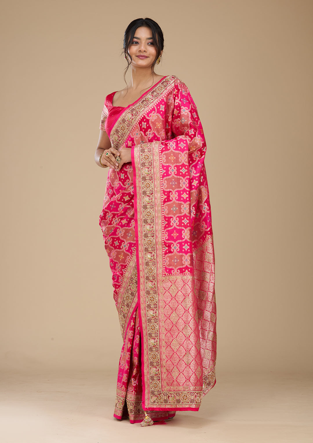 Magenta Pink Banarasi Silk Saree With Matching Blouse Piece
