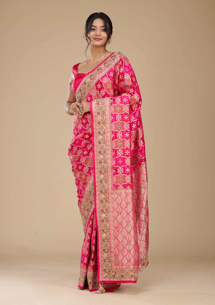 Magenta Pink Banarasi Silk Saree With Matching Blouse Piece