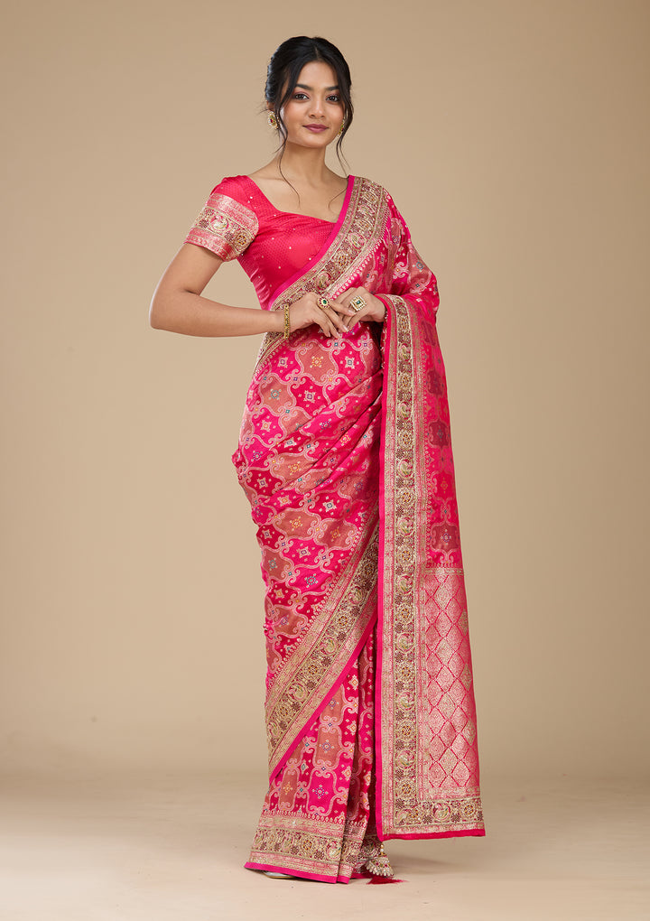 Magenta Pink Banarasi Silk Saree With Matching Blouse Piece