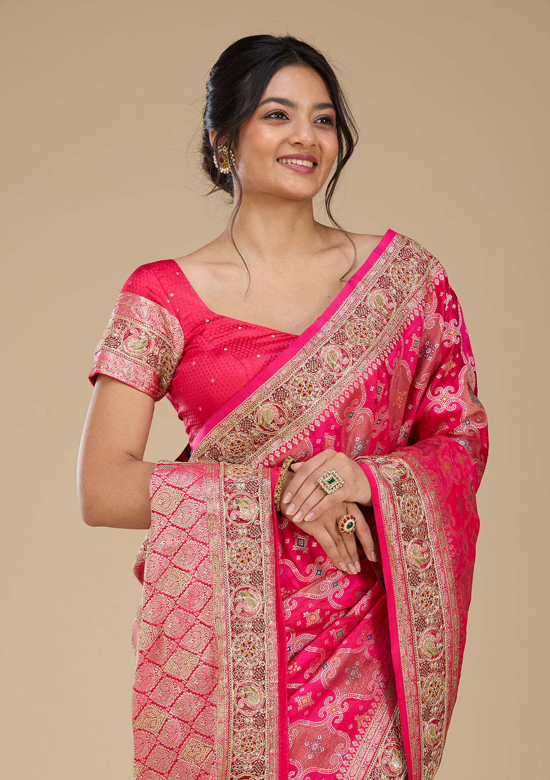Magenta Pink Banarasi Silk Saree With Matching Blouse Piece