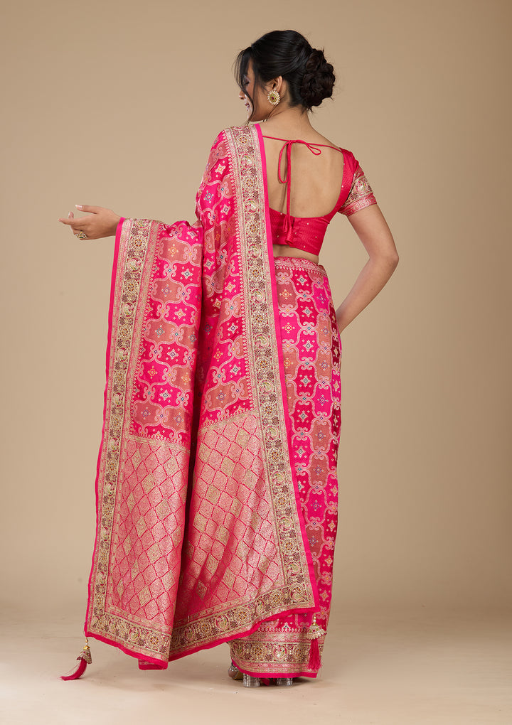 Magenta Pink Banarasi Silk Saree With Matching Blouse Piece