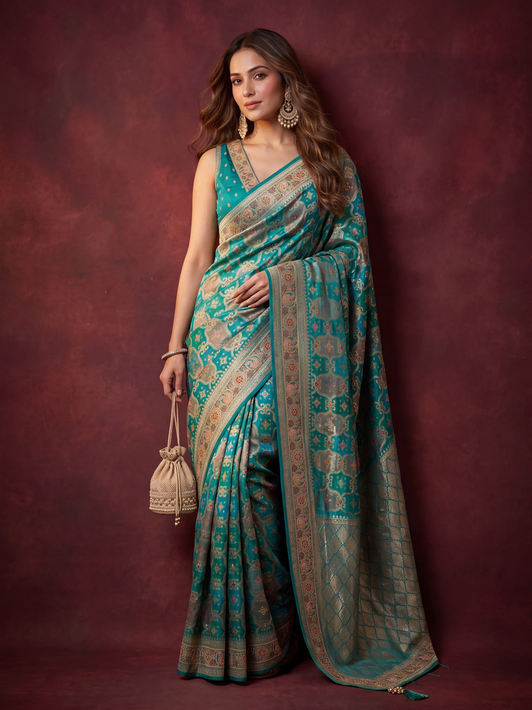 Rama Green Art Silk Jaal Gold Stonework Saree With Matching Blouse Piece