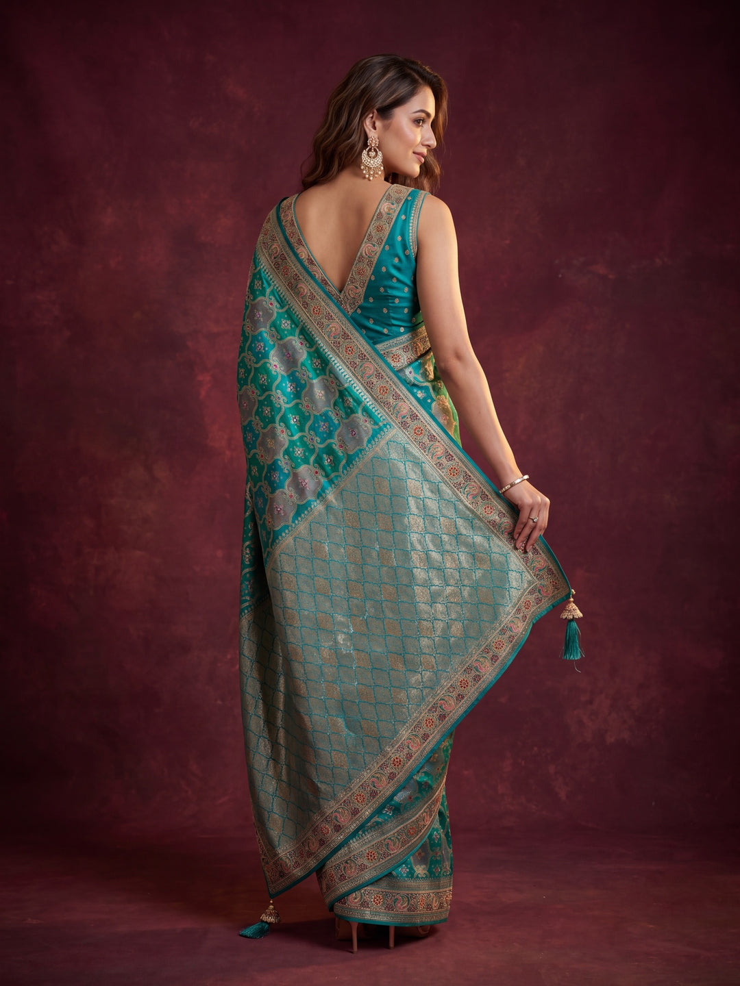Rama Green Art Silk Jaal Gold Stonework Saree With Matching Blouse Piece