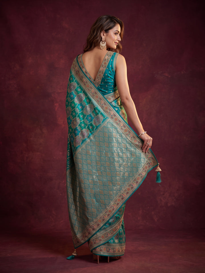 Rama Green Art Silk Jaal Gold Stonework Saree With Matching Blouse Piece