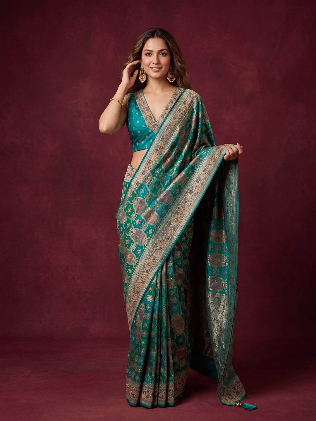Rama Green Art Silk Jaal Gold Stonework Saree With Matching Blouse Piece