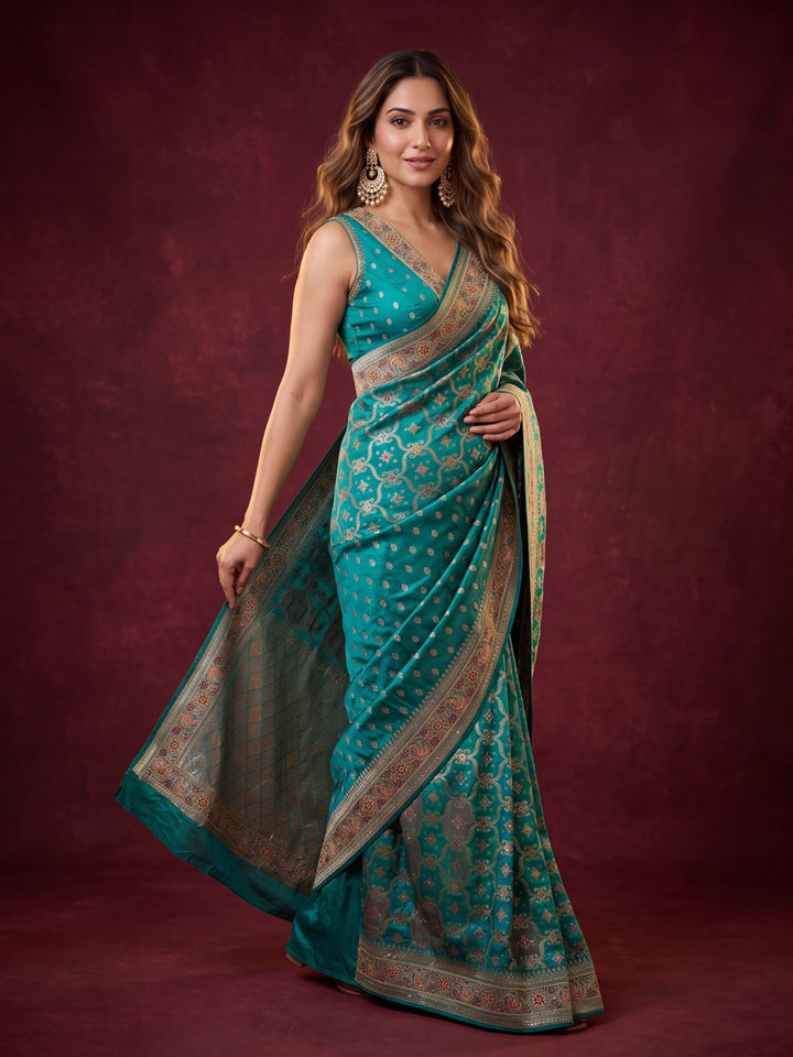 Rama Green Art Silk Jaal Gold Stonework Saree With Matching Blouse Piece