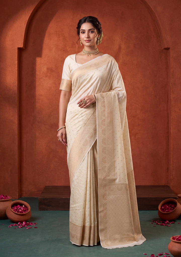 Off White Silk Buti Saree With Matching Blouse Piece
