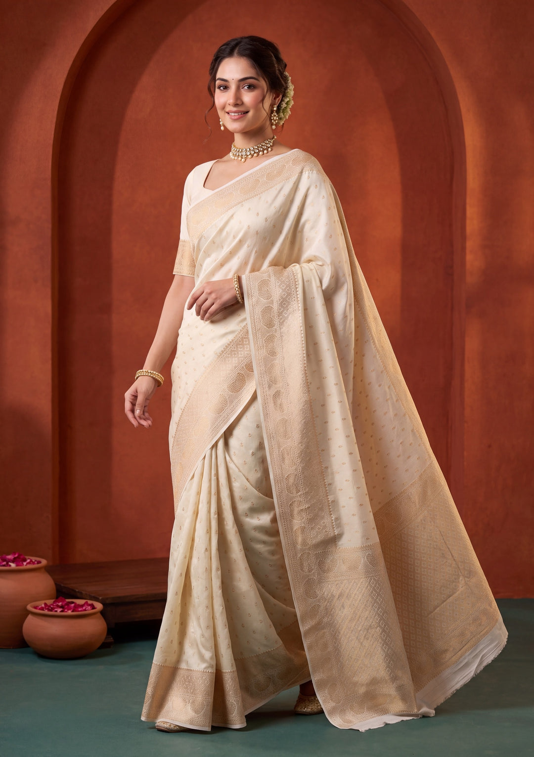 Off White Silk Buti Saree With Matching Blouse Piece