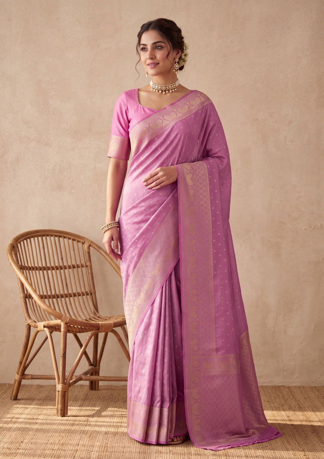 Lavender Silk Buti Saree With Matching Blouse Piece