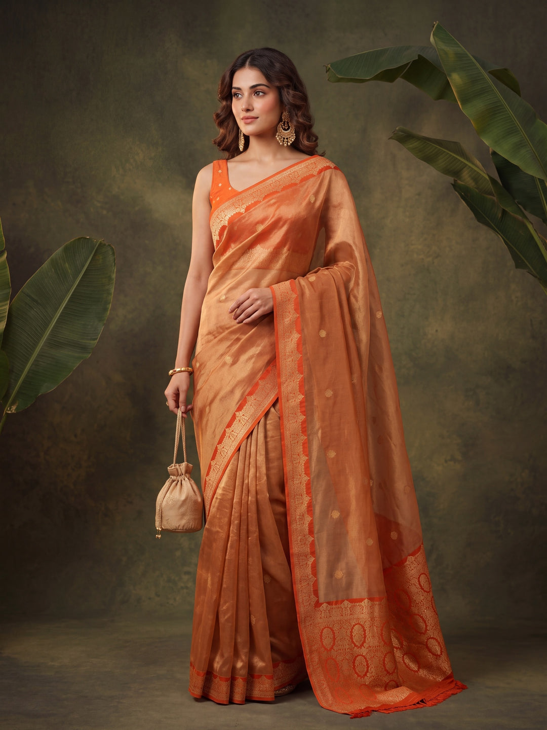 Orange Silk Buti Saree With Matching Blouse Piece