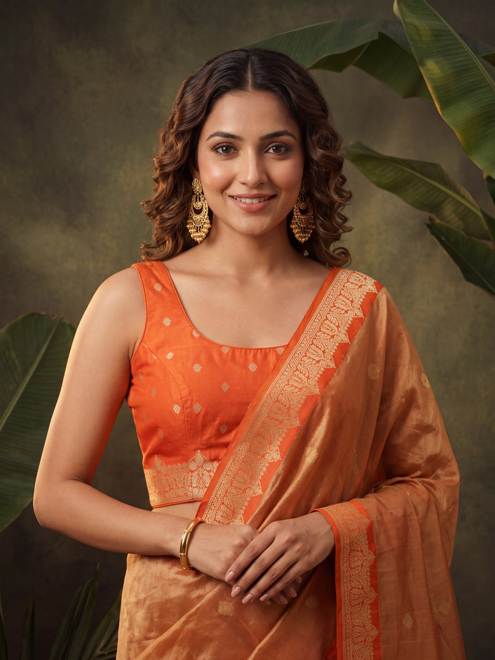Orange Silk Buti Saree With Matching Blouse Piece