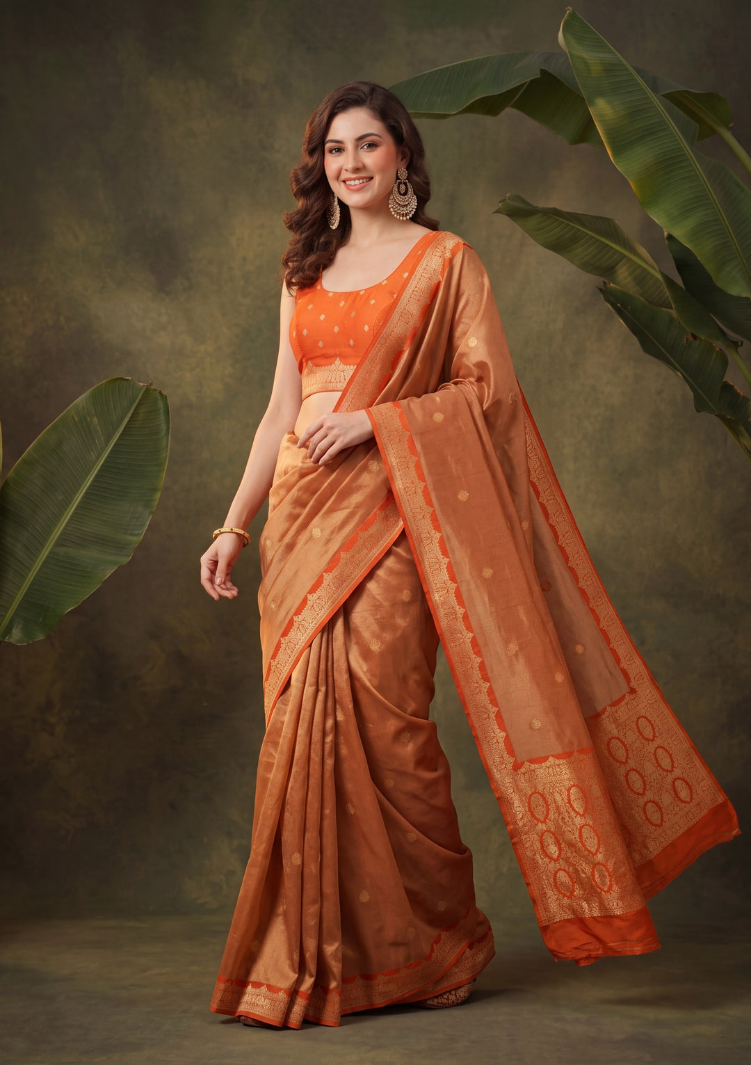 Orange Silk Buti Saree With Matching Blouse Piece