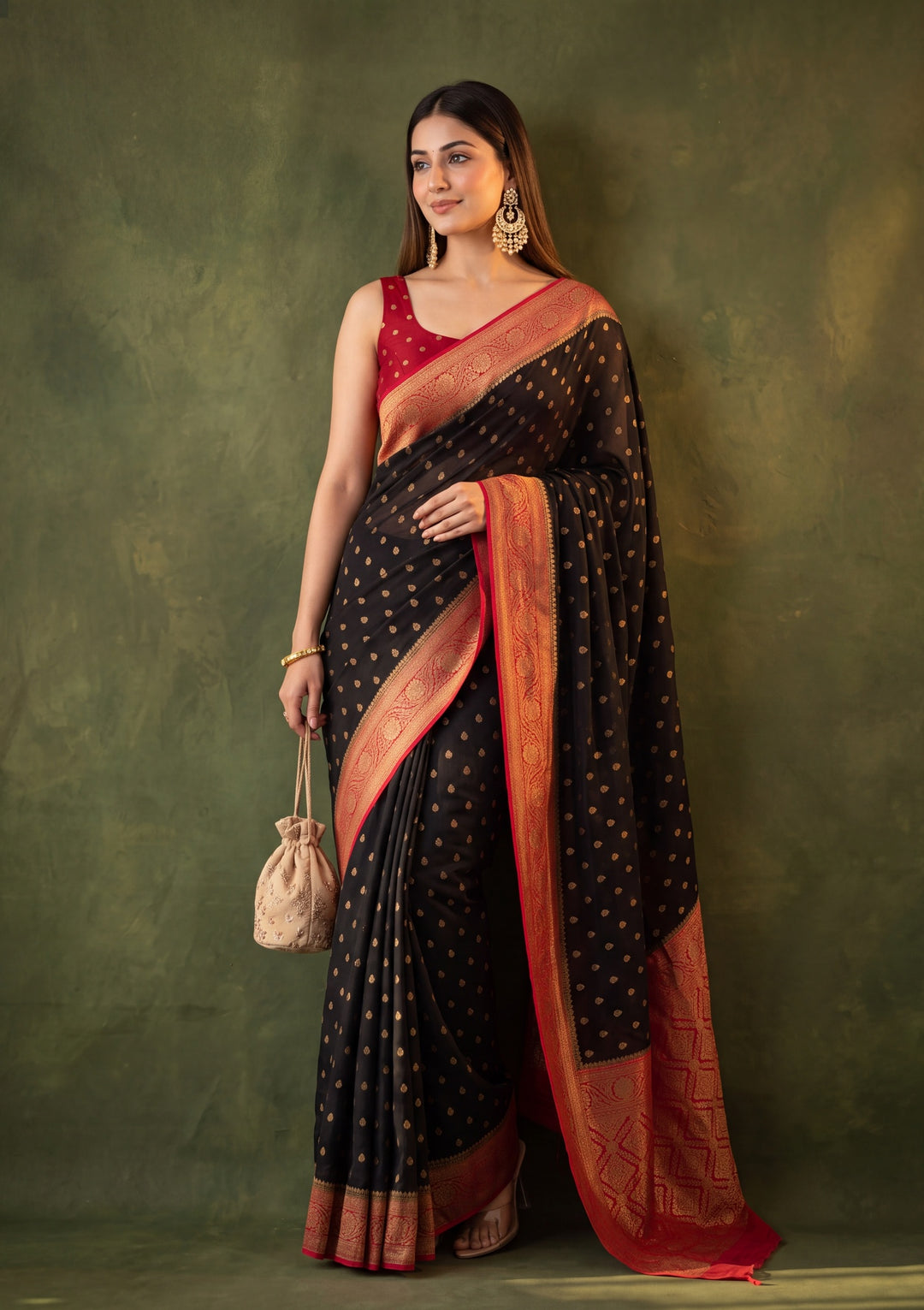 Black Art Silk Buti Banarasi Saree With Matching Blouse Piece