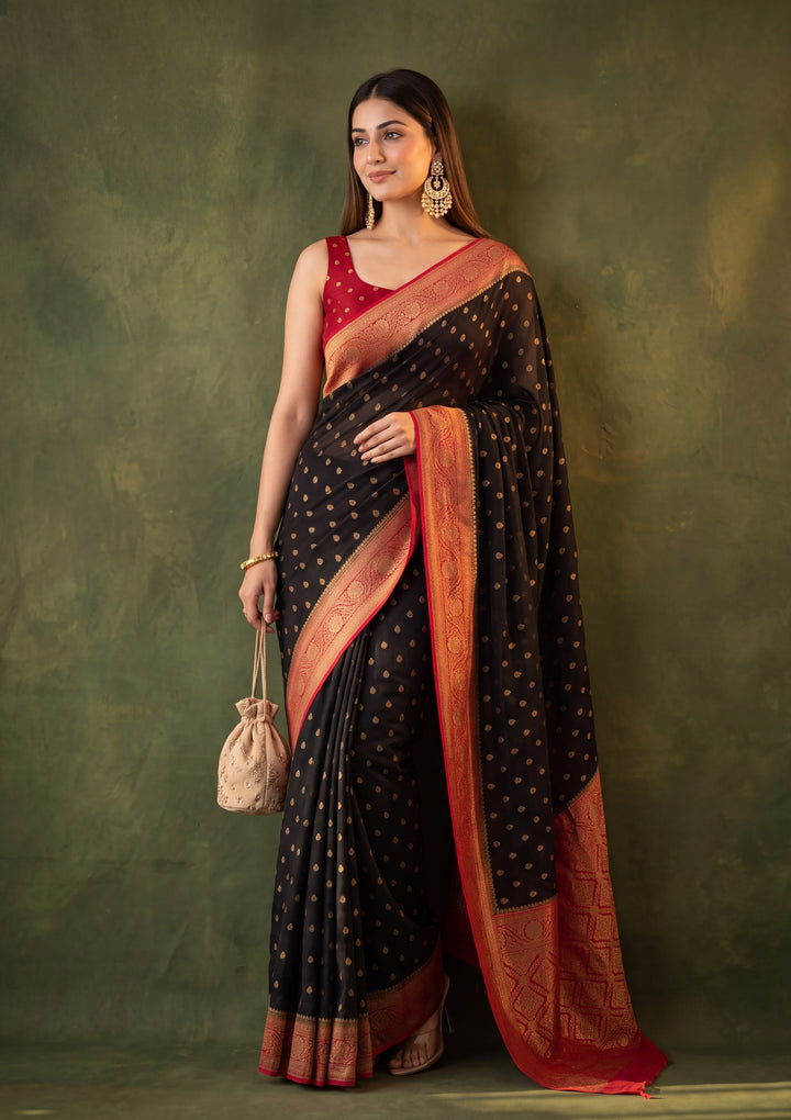 Black Art Silk Buti Banarasi Saree With Matching Blouse Piece