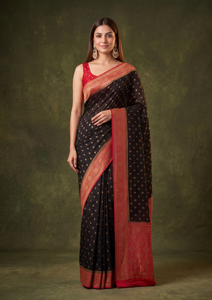 Black Art Silk Buti Banarasi Saree With Matching Blouse Piece