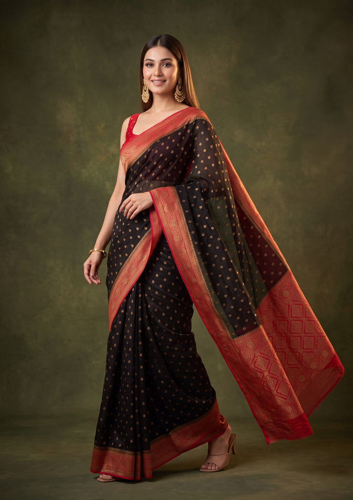 Black Art Silk Buti Banarasi Saree With Matching Blouse Piece