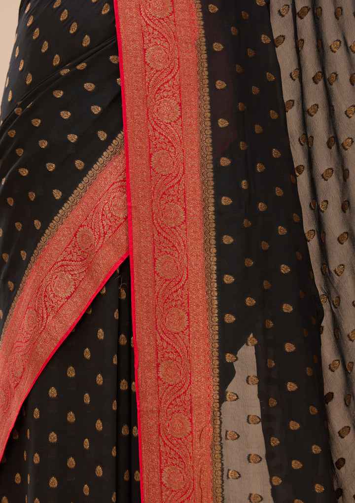 Black Art Silk Buti Banarasi Saree With Matching Blouse Piece