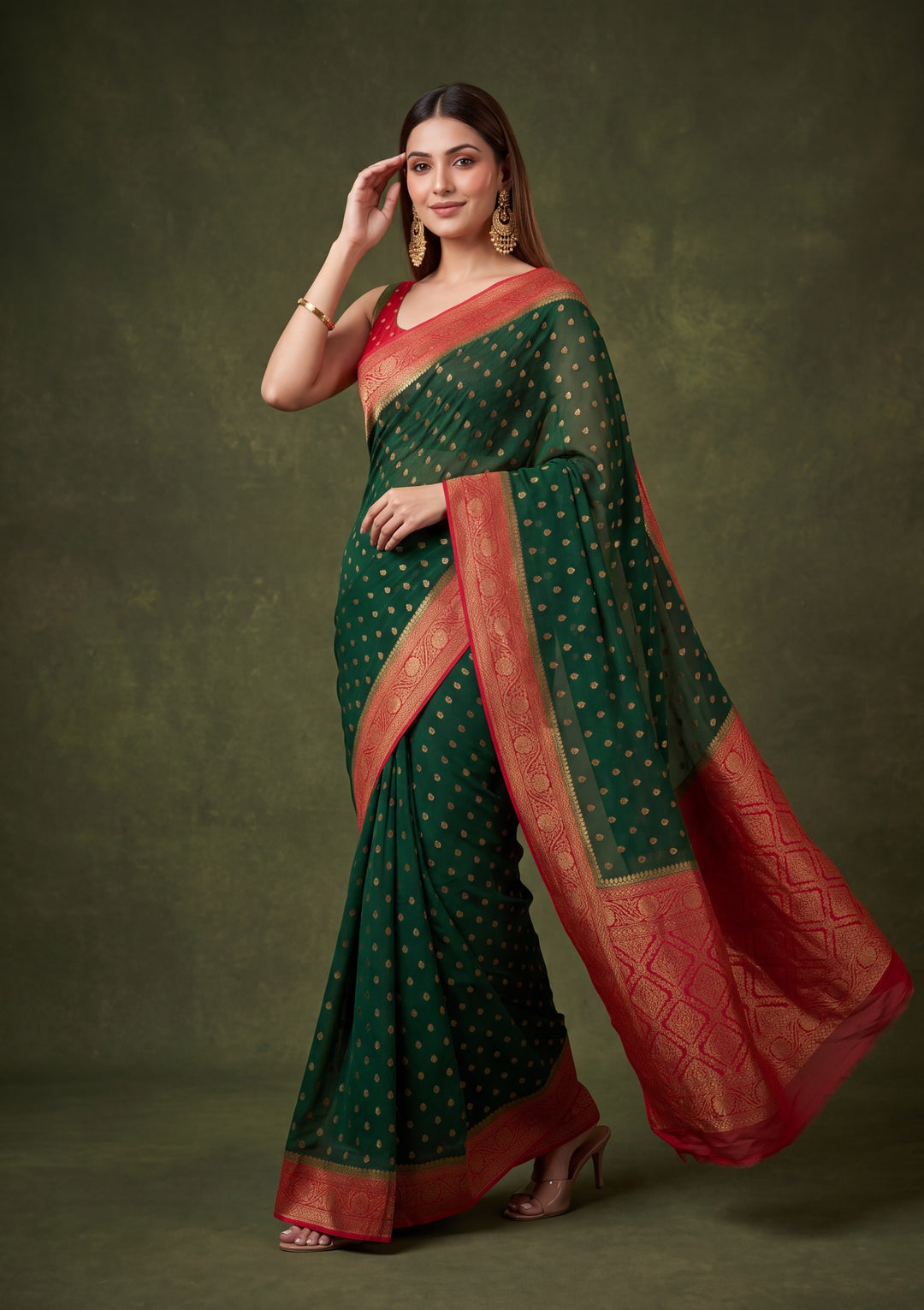 Bottle Green Art Silk Buti Saree With Matching Blouse Piece
