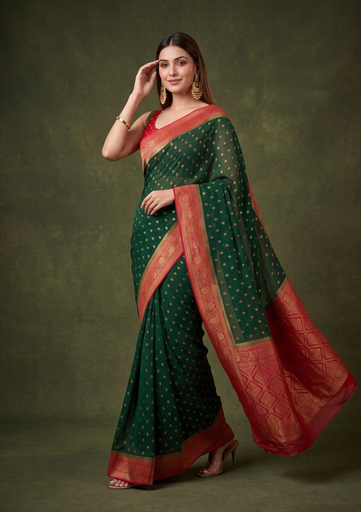 Bottle Green Art Silk Buti Saree With Matching Blouse Piece