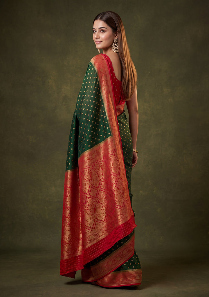 Bottle Green Art Silk Buti Saree With Matching Blouse Piece