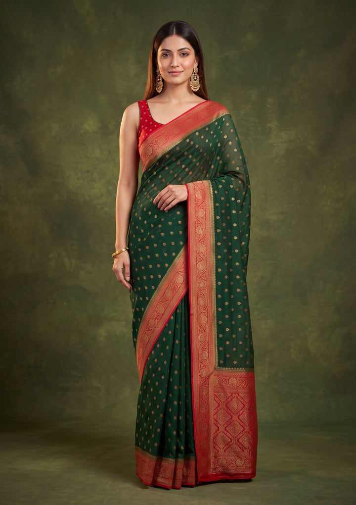 Bottle Green Art Silk Buti Saree With Matching Blouse Piece