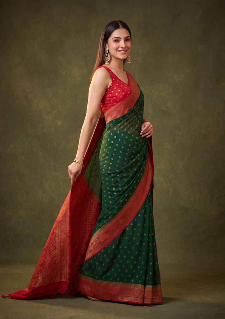 Bottle Green Art Silk Buti Saree With Matching Blouse Piece